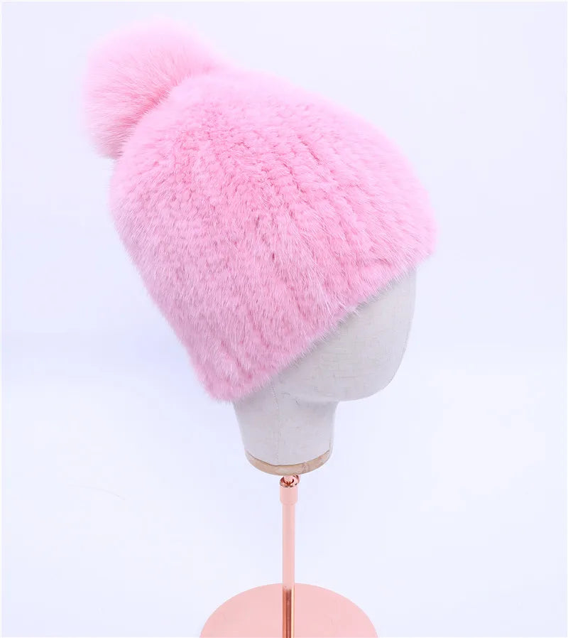 100% real mink fur hat women winter knitted mink fur beanies cap with fox fur pom poms 2017 brand new thick female cap Elastic