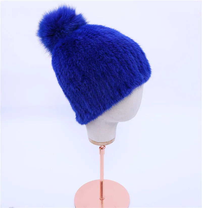 100% real mink fur hat women winter knitted mink fur beanies cap with fox fur pom poms 2017 brand new thick female cap Elastic