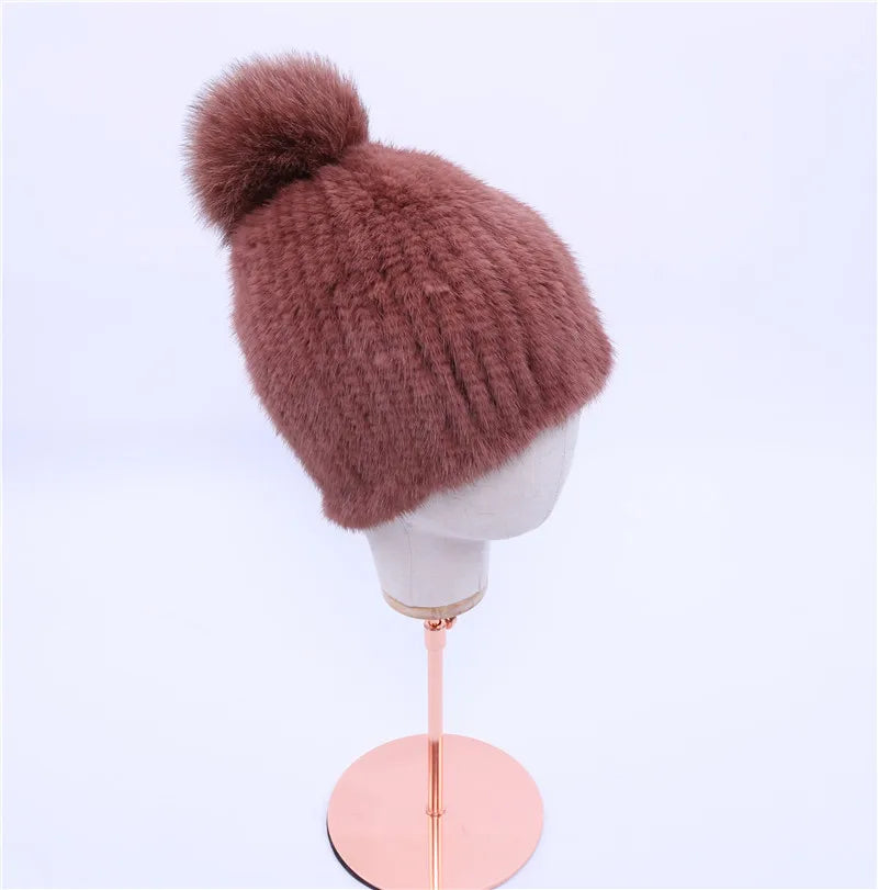 100% real mink fur hat women winter knitted mink fur beanies cap with fox fur pom poms 2017 brand new thick female cap Elastic