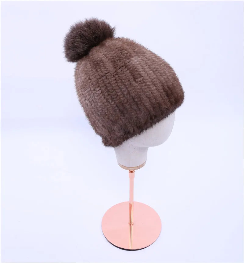 100% real mink fur hat women winter knitted mink fur beanies cap with fox fur pom poms 2017 brand new thick female cap Elastic