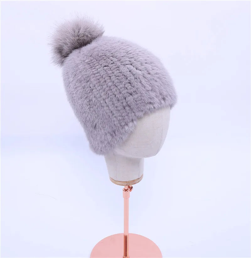 100% real mink fur hat women winter knitted mink fur beanies cap with fox fur pom poms 2017 brand new thick female cap Elastic