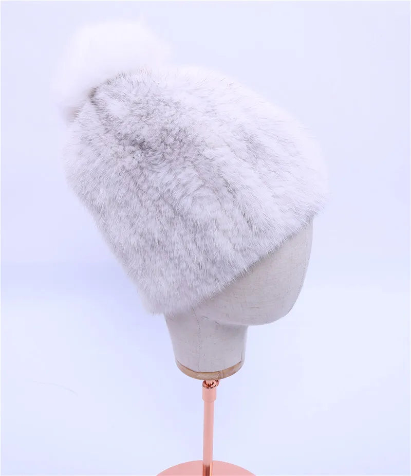 100% real mink fur hat women winter knitted mink fur beanies cap with fox fur pom poms 2017 brand new thick female cap Elastic