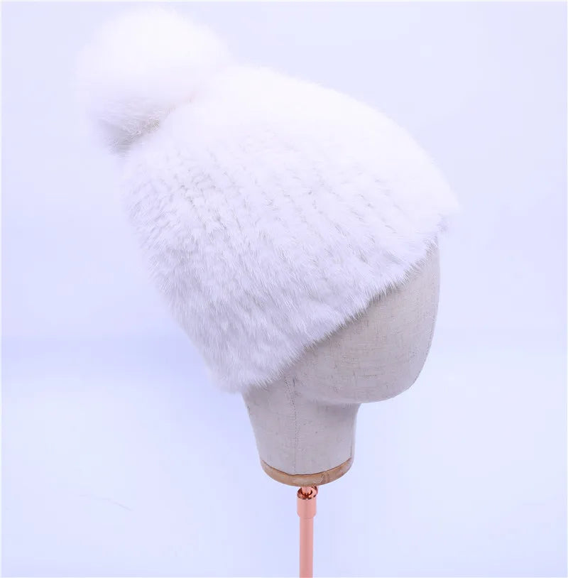 100% real mink fur hat women winter knitted mink fur beanies cap with fox fur pom poms 2017 brand new thick female cap Elastic
