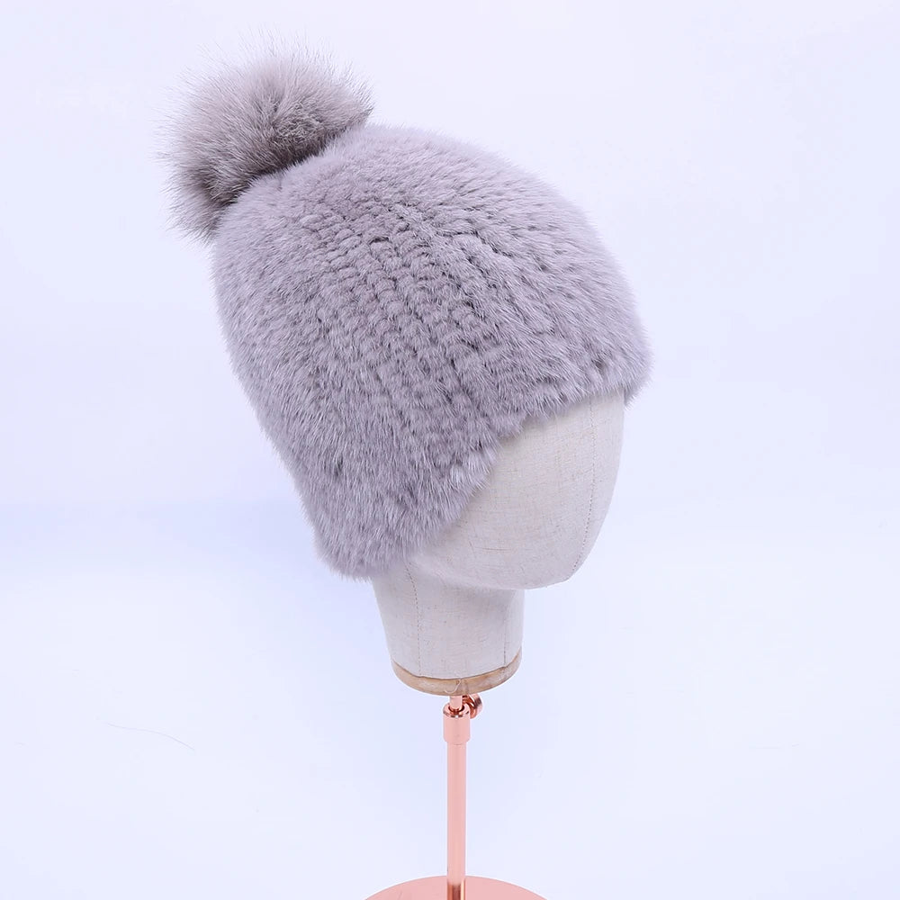 100% real mink fur hat women winter knitted mink fur beanies cap with fox fur pom poms 2017 brand new thick female cap Elastic
