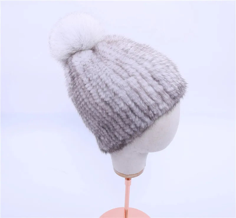 100% real mink fur hat women winter knitted mink fur beanies cap with fox fur pom poms 2017 brand new thick female cap Elastic