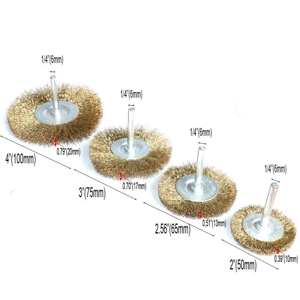 4pcs 2inch/3"/4" Brass coated Wire Wheel brush for Drill shank 1/4" For removing paint Derust and cleaning