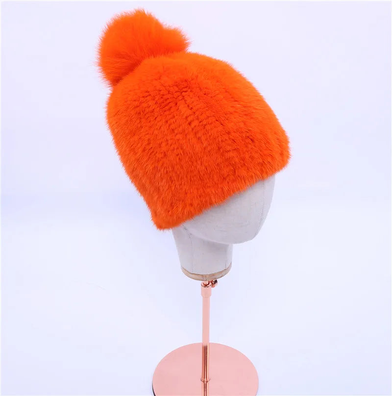 100% real mink fur hat women winter knitted mink fur beanies cap with fox fur pom poms 2017 brand new thick female cap Elastic