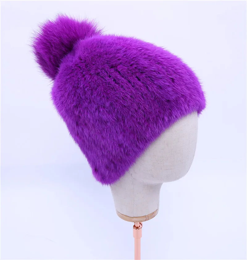 100% real mink fur hat women winter knitted mink fur beanies cap with fox fur pom poms 2017 brand new thick female cap Elastic