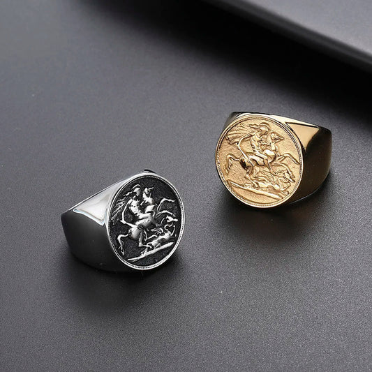 Valily Cool Men's Horse Ring Stainless Steel Ring Gold Color Rome Soldier Rings Fashion Animal Jewelry for men Bague Homme