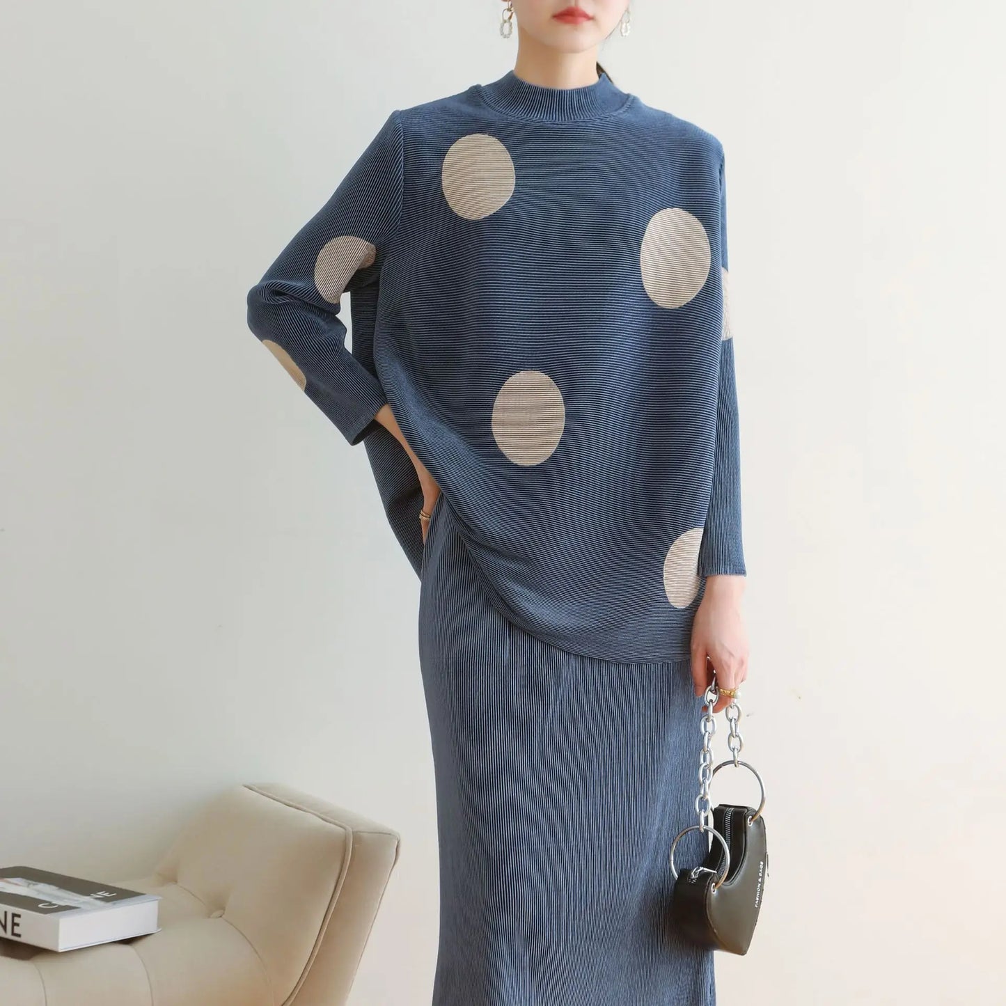 Women's high neck T-shirt + pencil skirt Miyak Pleated Fashion plus size loose polka-dot print top