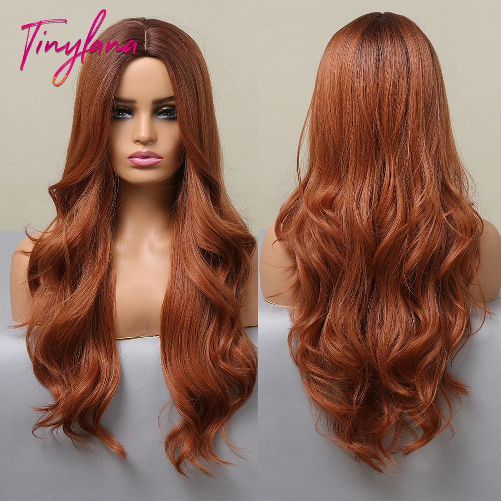 Red Brown Copper Ginger Long Wavy Synthetic Hair Wigs for Black Women Body Wave Ombre Wig Cosplay Natural Heat Resistant Wig
