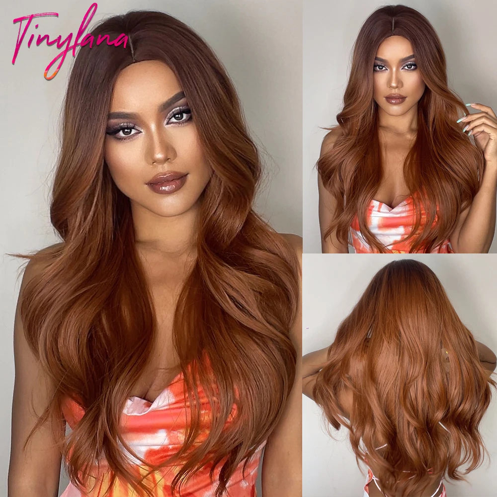 Red Brown Copper Ginger Long Wavy Synthetic Hair Wigs for Black Women Body Wave Ombre Wig Cosplay Natural Heat Resistant Wig