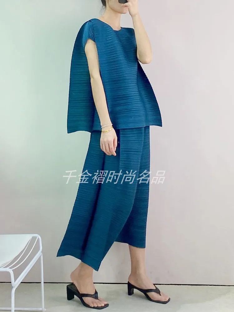 woman Wide Leg Pants Miyake Pleated Fashion High Street Solid Tight waist Summer LOOSE Large Size Female Ankle-Length Pants