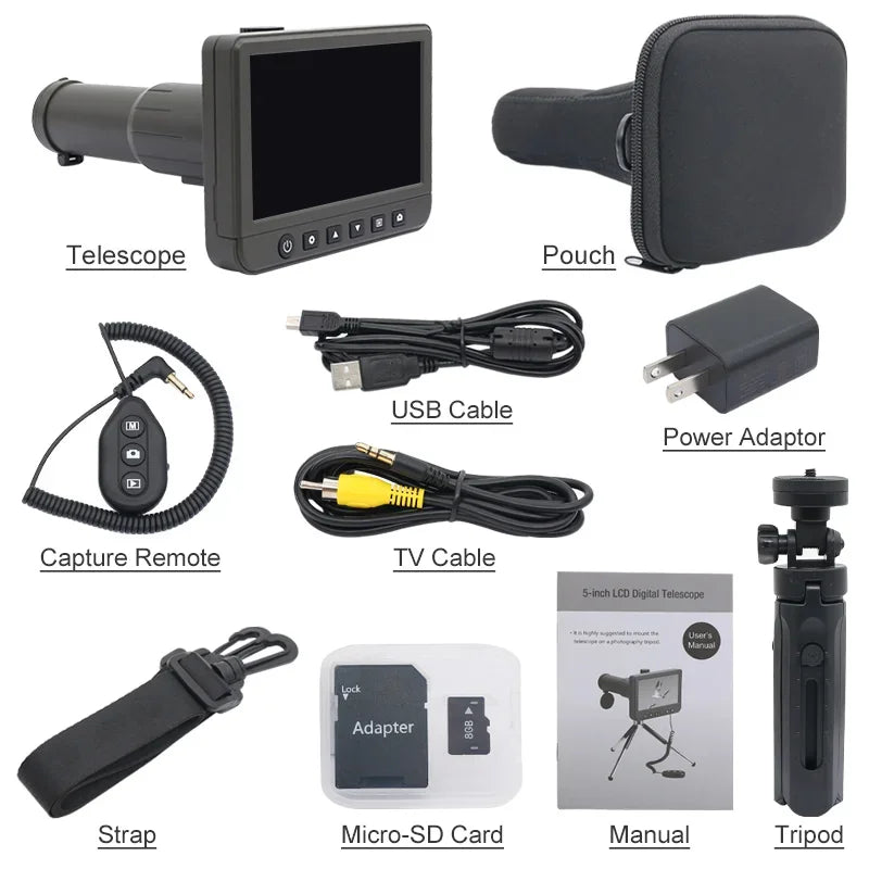 50X Digital Telescope Camera with 5.0 inch HD Screen 8G SD Card Photo Video Recorder Monocular for Bird-Watching Travelling