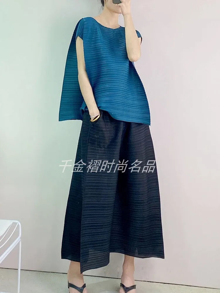 woman Wide Leg Pants Miyake Pleated Fashion High Street Solid Tight waist Summer LOOSE Large Size Female Ankle-Length Pants