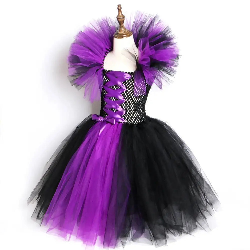 Horns Wings Costume Girls Princess Tutu Dress Devil Halloween Costumes for Kids Evil Queen Children Cosplay Dresses