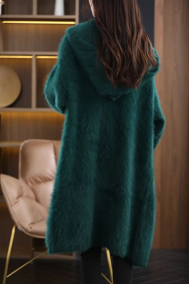 Customizable mink cashmere autumn and winter coat long knit loose coat with hat cardigan thickened sweater S23211
