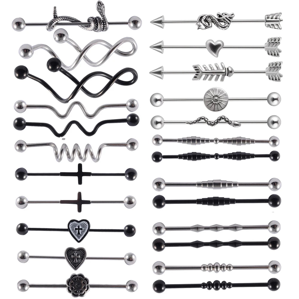 1Pcs Surgical Steel Punk Snake Industrial Barbell Ring Arrow Cone Straight Barbell Ring Cartilage Earring Helix Body Jewelry