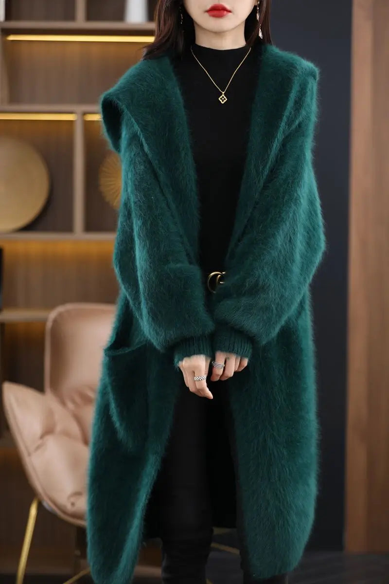 Customizable mink cashmere autumn and winter coat long knit loose coat with hat cardigan thickened sweater S23211