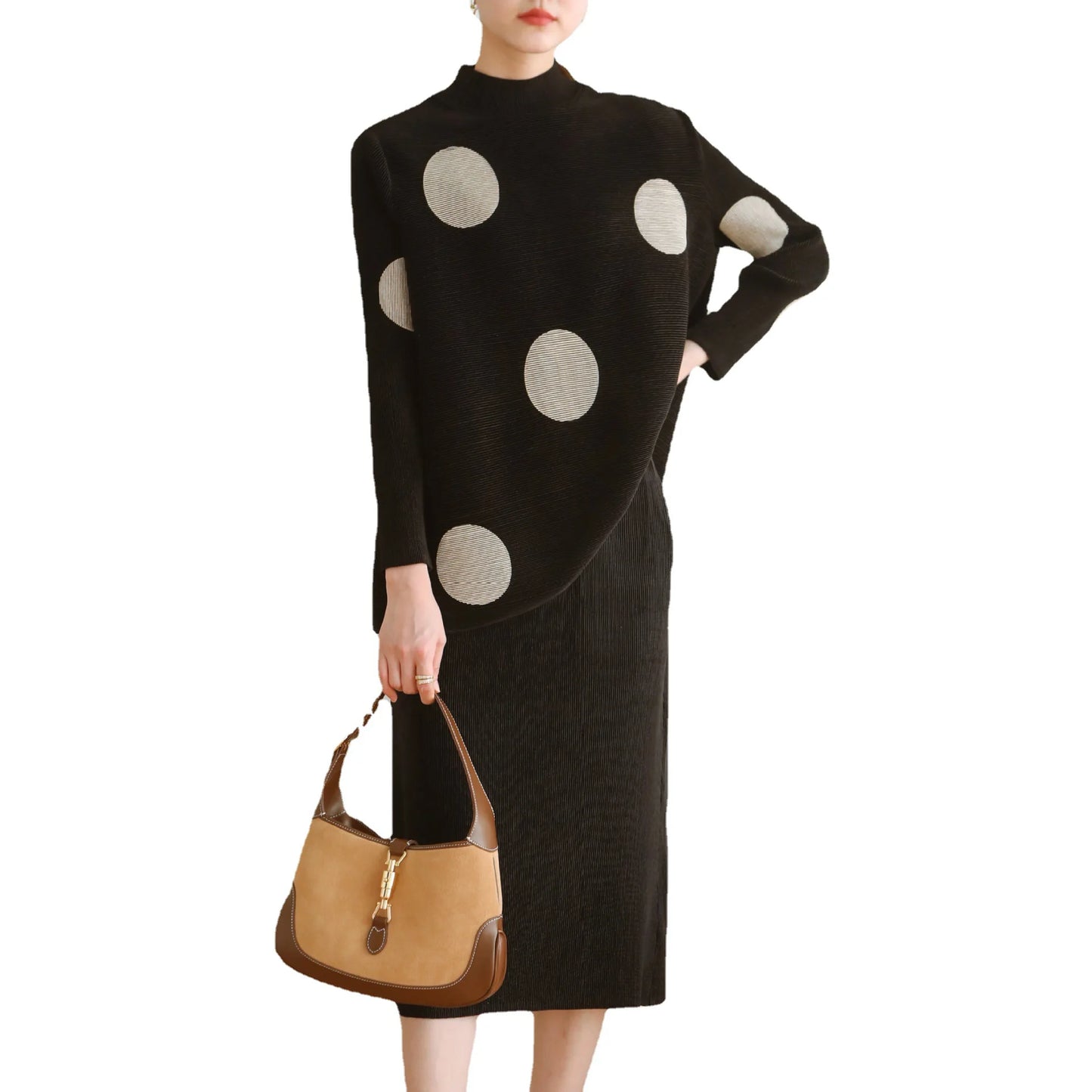 Women's high neck T-shirt + pencil skirt Miyak Pleated Fashion plus size loose polka-dot print top