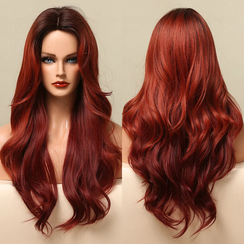 Red Brown Copper Ginger Long Wavy Synthetic Hair Wigs for Black Women Body Wave Ombre Wig Cosplay Natural Heat Resistant Wig