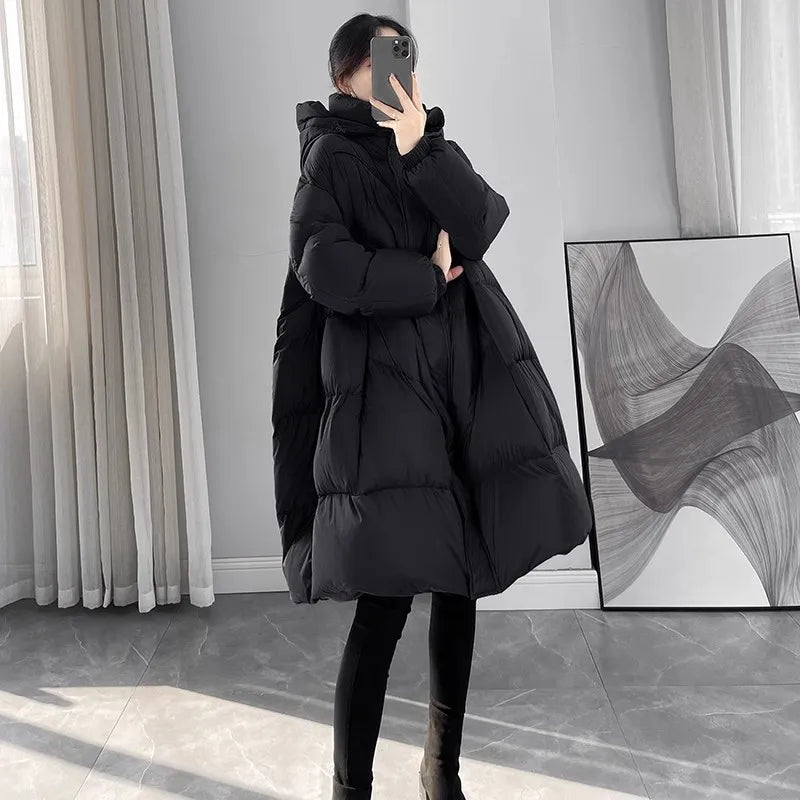 Black Hooded Down Jacket Women Winter 2024 New Korean Version Loose 90White duck down Coat Female Thicken Parkas Casual Overcoat