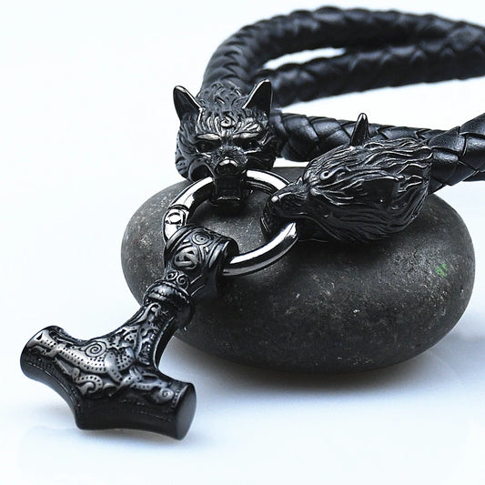 Stainless Steel Black Rune Wolf Head Chain With Thor's Hammer Mjolnir Anchor Pendant Viking Amulet Necklace Male Jewelry