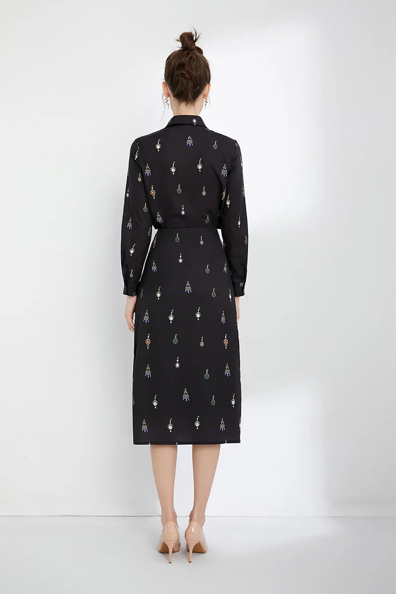 Women's Runway Designer Two Piece Dress Turn Down Collar Long Sleeves Printed Shirt with Ruched Skirt Fashion Twinset Sets