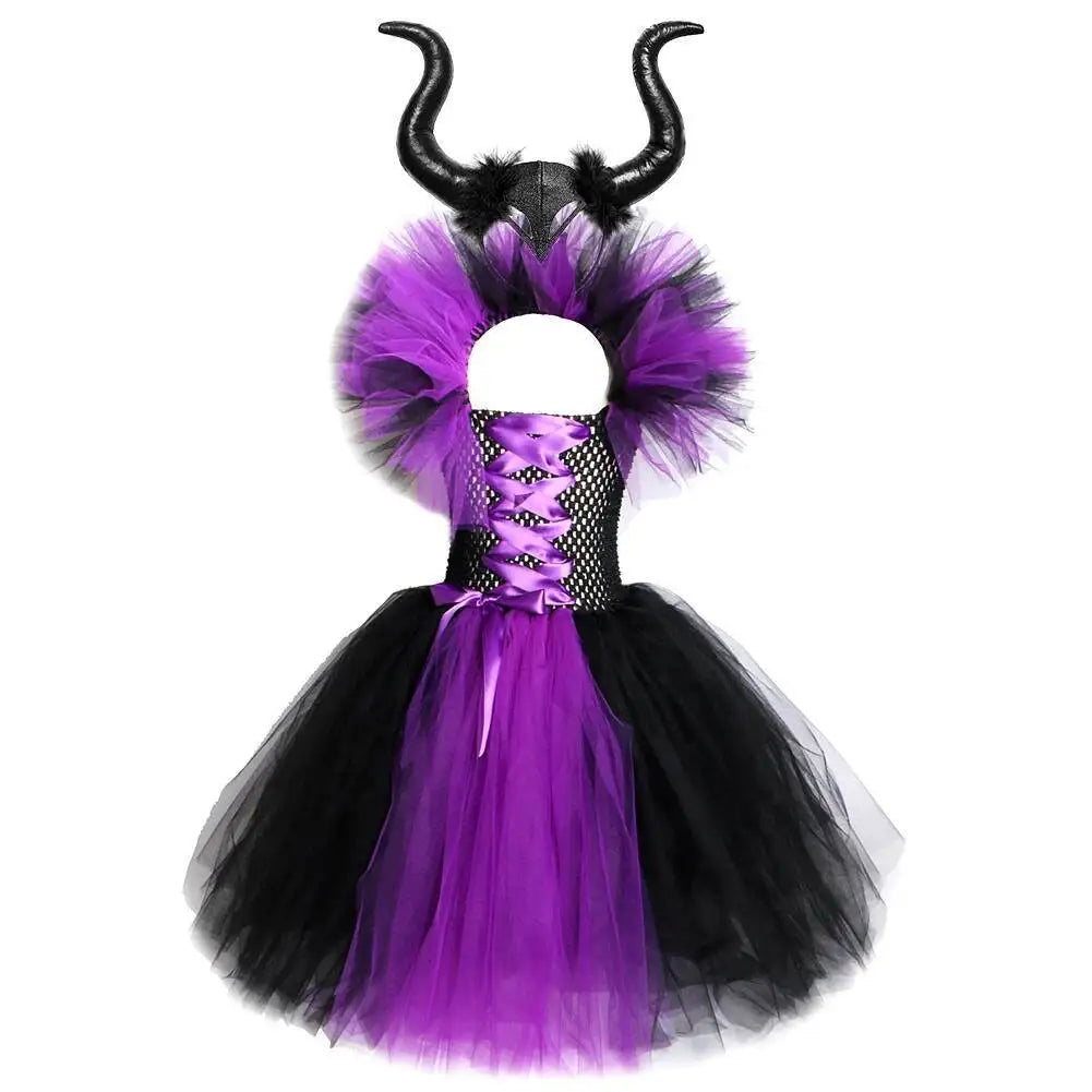 Horns Wings Costume Girls Princess Tutu Dress Devil Halloween Costumes for Kids Evil Queen Children Cosplay Dresses